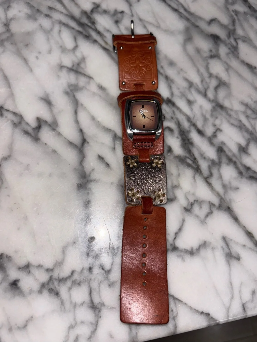 Vintage Fossil Leather Cuff Watch Boho Western Brown